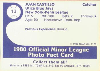 1980 TCMA Utica Blue Jays #13 Juan Castillo Back