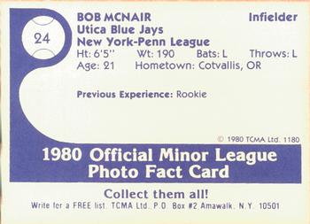 1980 TCMA Utica Blue Jays #24 Bob McNair Back