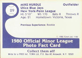 1980 TCMA Utica Blue Jays #29 Mike Hurdle Back