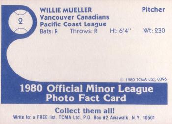 1980 TCMA Vancouver Canadians #2 Willie Mueller Back