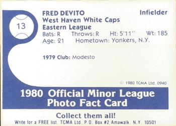 1980 TCMA West Haven White Caps #13 Fred DeVito Back
