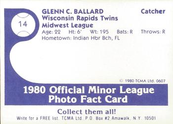 1980 TCMA Wisconsin Rapids Twins #14 Glenn Ballard Back