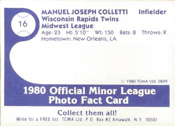 1980 TCMA Wisconsin Rapids Twins #16 Manuel Colletti Back