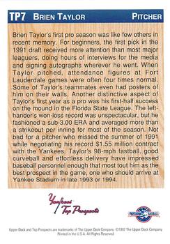1992 Upper Deck Minor League - Top Prospect Holograms #TP7 Brien Taylor Back