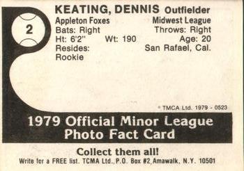 1979 TCMA Appleton Foxes #2 Dennis Keating Back