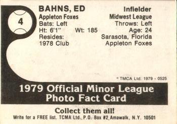 1979 TCMA Appleton Foxes #4 Ed Bahns Back