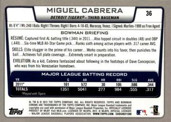 2012 Bowman Chrome #36 Miguel Cabrera Back
