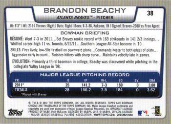 2012 Bowman Chrome #38 Brandon Beachy Back
