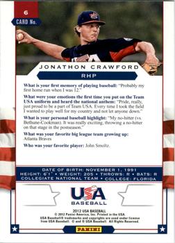 2012 Panini USA Baseball #6 Jonathon Crawford Back