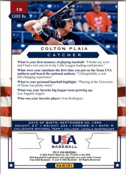 2012 Panini USA Baseball #15 Colton Plaia Back