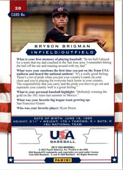2012 Panini USA Baseball #28 Bryson Brigman Back