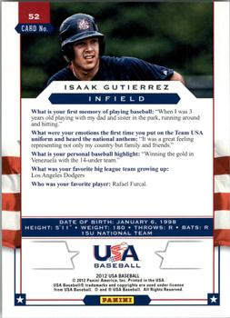 2012 Panini USA Baseball #52 Isaak Gutierrez Back
