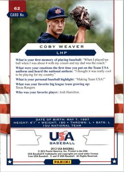 2012 Panini USA Baseball #62 Coby Weaver Back