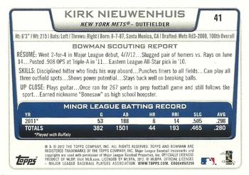 2012 Bowman Draft Picks & Prospects #41 Kirk Nieuwenhuis Back