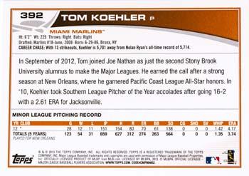 2013 Topps #392 Tom Koehler Back
