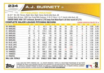 2013 Topps #234 A.J. Burnett Back