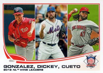 2013 Topps #287 2012 NL Wins Leaders (Gio Gonzalez / R.A. Dickey / Johnny Cueto) Front