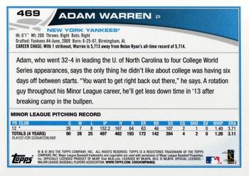 2013 Topps #469 Adam Warren Back
