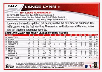 2013 Topps #507 Lance Lynn Back