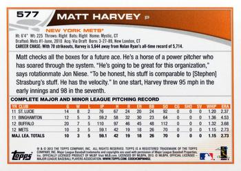 2013 Topps #577 Matt Harvey Back