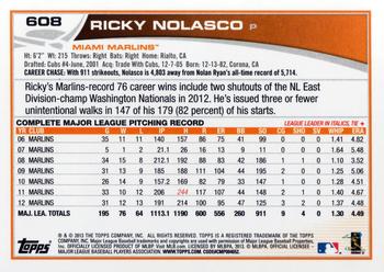 2013 Topps #608 Ricky Nolasco Back