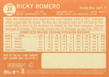 2013 Topps Heritage #34 Ricky Romero Back