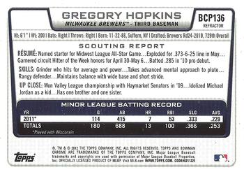2012 Bowman Chrome - Prospects Green Refractors #BCP136 Gregory Hopkins Back