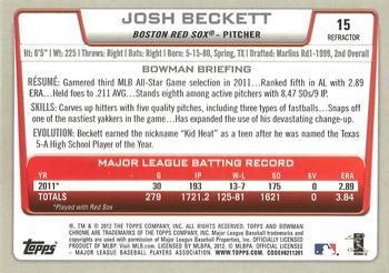 2012 Bowman Chrome - Refractors #15 Josh Beckett Back
