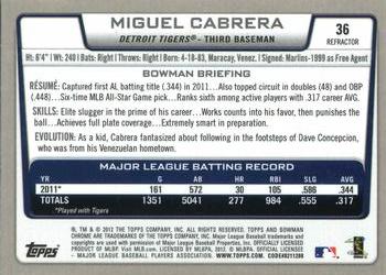2012 Bowman Chrome - Refractors #36 Miguel Cabrera Back