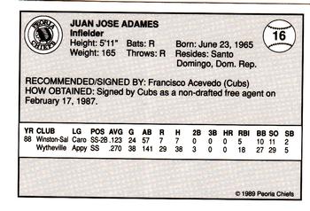 1989 Peoria Chiefs #16 Juan Adames Back