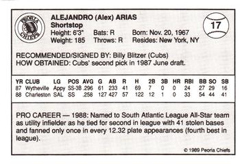 1989 Peoria Chiefs #17 Alex Arias Back