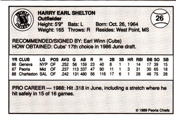 1989 Peoria Chiefs #26 Harry Shelton Back