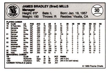1989 Peoria Chiefs #30 Brad Mills Back