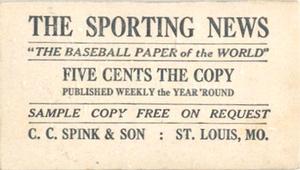 1916 Sporting News (M101-4) #47 Bill Doak Back