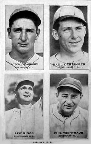 1937 Exhibits Four-in-One W463-7 #NNO Botchi Lombardi / Paul Derringer / Lew Riggs / Phil Weintraub Front