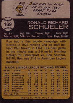 1973 Topps #169 Ron Schueler Back