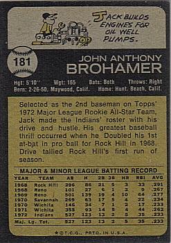 1973 Topps #181 Jack Brohamer Back