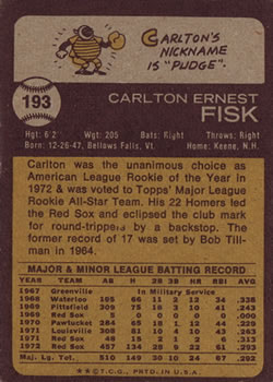 1973 Topps #193 Carlton Fisk Back