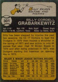 1973 Topps #301 Billy Grabarkewitz Back