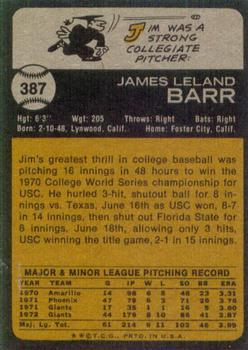 1973 Topps #387 Jim Barr Back