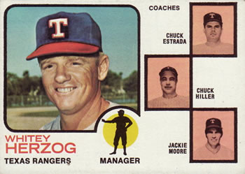 1973 Topps #549 Rangers Field Leaders (Whitey Herzog / Chuck Estrada / Chuck Hiller / Jackie Moore) Front