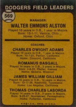 1973 Topps #569 Dodgers Field Leaders (Walt Alston / Red Adams / Monty Basgall / Jim Gilliam / Tom Lasorda) Back