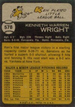 1973 Topps #578 Ken Wright Back