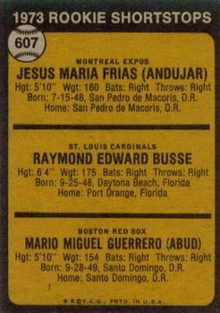 1973 Topps #607 1973 Rookie Shortstops (Pepe Frias / Ray Busse / Mario Guerrero) Back