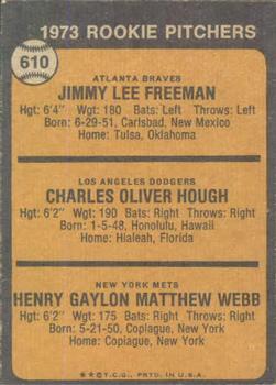 1973 Topps #610 1973 Rookie Pitchers (Jimmy Freeman / Charlie Hough / Hank Webb) Back