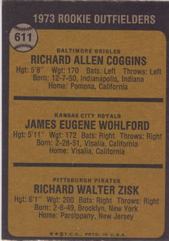 1973 Topps #611 1973 Rookie Outfielders (Rich Coggins / Jim Wohlford / Richie Zisk) Back