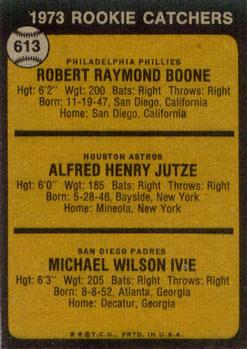 1973 Topps #613 1973 Rookie Catchers (Bob Boone / Skip Jutze / Mike Ivie) Back