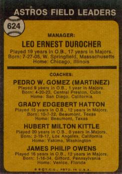 1973 Topps #624 Astros Field Leaders (Leo Durocher / Preston Gomez / Grady Hatton / Hub Kittle / Jim Owens) Back