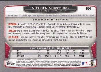 2013 Bowman #104 Stephen Strasburg Back