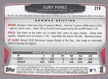 2013 Bowman #219 Eury Perez Back